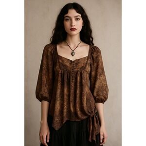 Whimsygoth Romantic Boho Sheer Brown‎ Paisley Peasant Blouse Tie Hem USA L